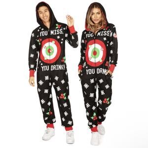 Tipsy Elves Christmas Jumpsuit Adult Funny Drinking Pajamas Men Women NWT Hooded